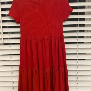 See You Monday Red Tiered Casual Dress with Short Sleeves and Crew Neck